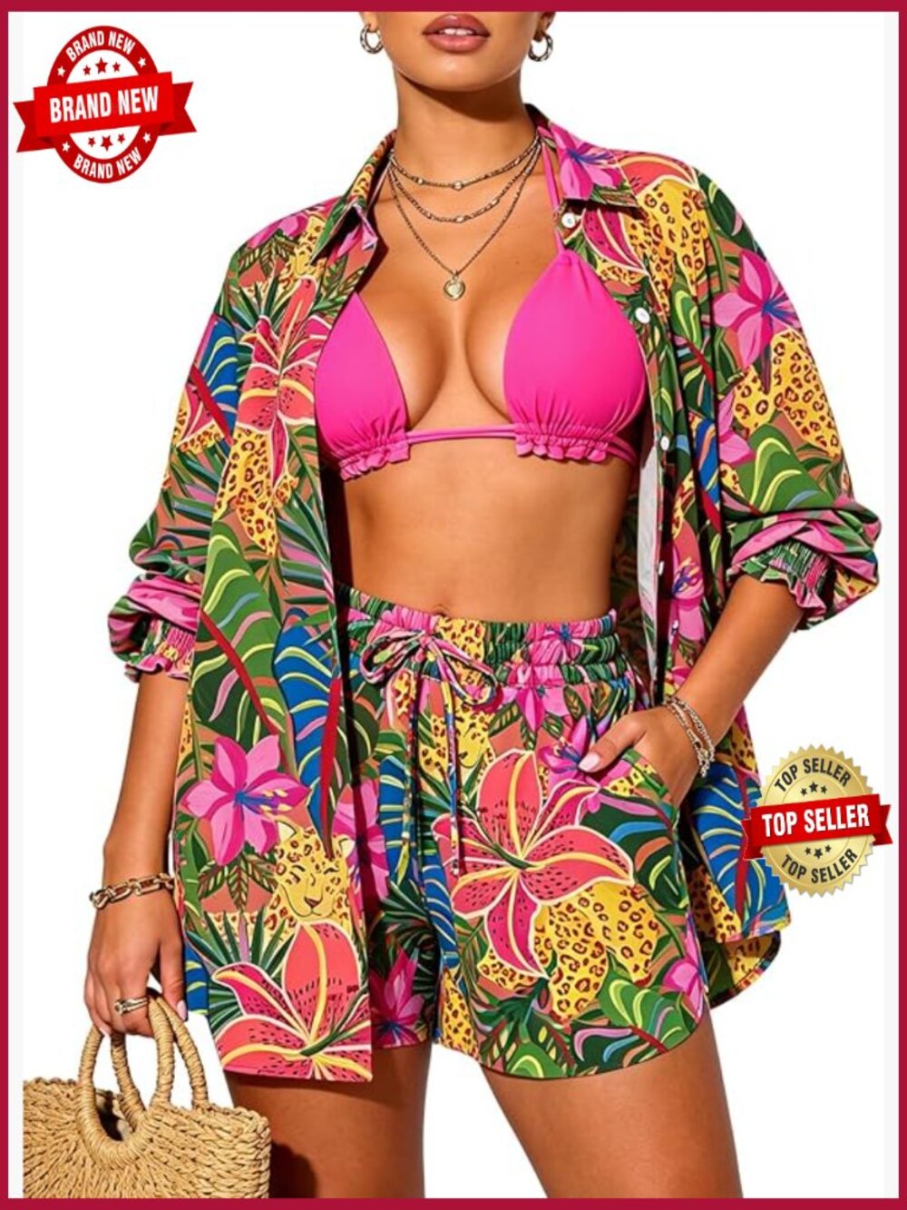 3-Piece Hawaiian Bikini Set with Shorts & Cover Up